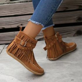 Retro Ankle Boots With Rivet Tassel Flat Shoes Women Winter Boots (Option: Dark Brown-38.)