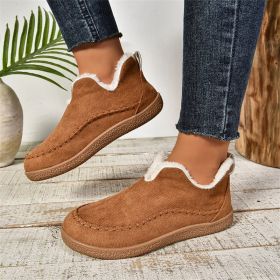 Fashion V-cut Plush Ankle Boots Winter Plus Velvet Flat Snow Boot Casual Warm Solid Suede Cotton Shoes For Women (Option: Light Brown-Size38)
