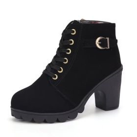 Fashoin Leopard Print Ankle Square Heel Suede Lace-up Zip Boots Women Casual Versatile Shoes Autumn And Winter (Option: black-35)