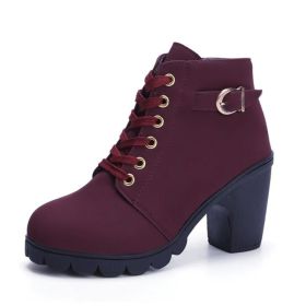 Fashoin Leopard Print Ankle Square Heel Suede Lace-up Zip Boots Women Casual Versatile Shoes Autumn And Winter (Option: Wine Red-35)